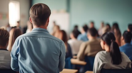 Fototapeta premium In the classroom, a large group of students listens attentively to their high school teacher, with focus on a boy in the middle.
