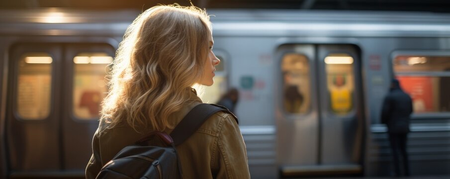 A Woman Is Seen From Behind As She Watches The Subway Passing By.