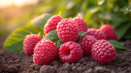 a group of raspberries sitting on top of a pile of dirt next to a green leafy plant.