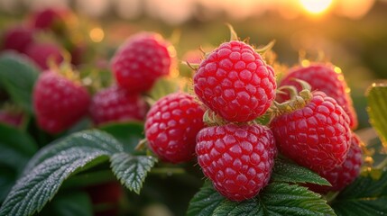 a close up of a bunch of raspberries on a bush with a setting sun in the back ground.