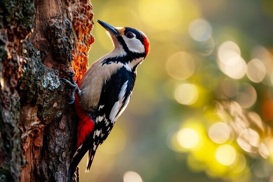 Great spotted woodpecker on a tree trunk.