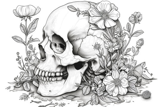 Illustration for adult coloring book. Skull with floral ornament and black and white colors