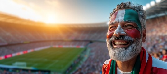 Italian fan with flag painted face at sports event, blurry stadium background, copy space for text