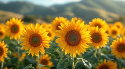 a field full of yellow sunflowers with mountains in the backgroup of the image in the background.