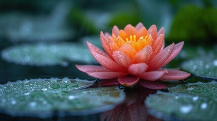 a close up of a water lily with drops of water on it's petals and leaves in the background.