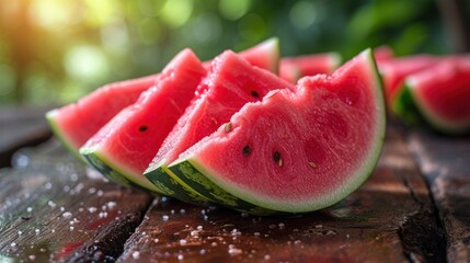 a group of slices of watermelon sitting on top of a wooden table next to another piece of watermelon.