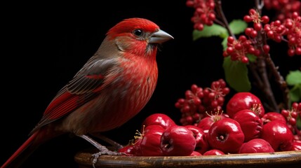 a close up of a bird on a bowl of fruit with berries in the foreground and a tree in the background.