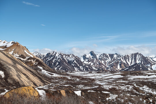 Partly snow covered tundra during spring in Denali National Park, Alaska, USA