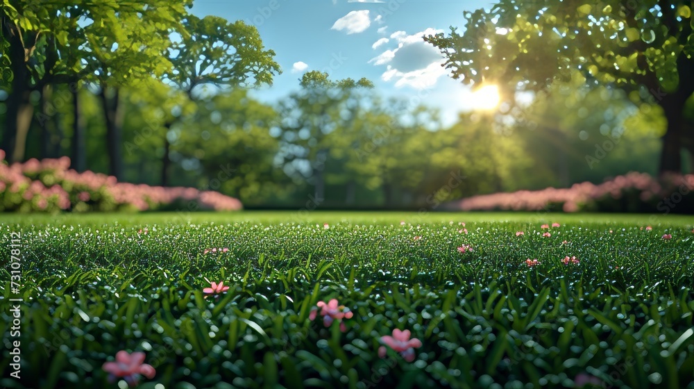 Canvas Prints Spring nature blurry background image showing a neatly trimmed lawn surrounded by trees against a cloudy blue sky.