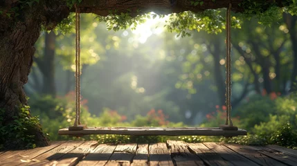 Foto op Plexiglas With blurry nature background, old wooden terrace with wicker swing hangs on tree. © Zaleman