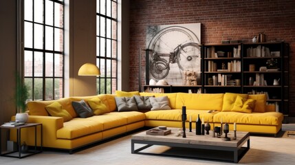 a yellow monochrome classic style loft living room.