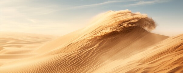 A massive dune being shaped by strong winds, causing sand to cascade from its peak, resembling a wave of sand.