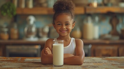 Laughing and flexing muscles from calcium in a glass and healthy drink for energy, growth and nutrition. - obrazy, fototapety, plakaty