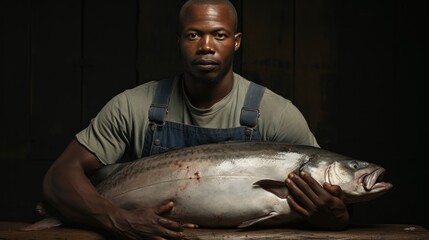 a man in overalls holding a large fish on a wooden table in front of a dark background with a black background.