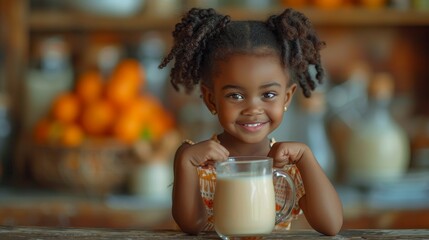 Happy, smiling and strong African girl is flexing muscles with calcium in a glass from healthy drink for energy, growth, and nutrition. - obrazy, fototapety, plakaty