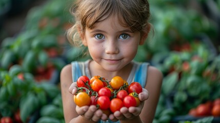 Fototapeta na wymiar Food. A child holding vegetables and fruits. A selective focus.