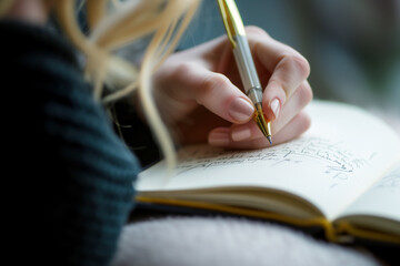Woman writing in a journal, symbolizing self-expression and processing emotions. - 731078598