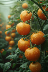 Ripe tomatoes on branch in greenhouse