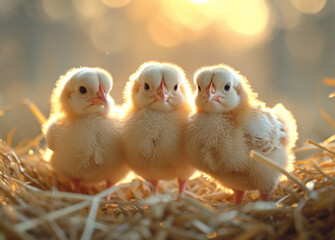 Three cute little newborn chicks in straw nest on farm
