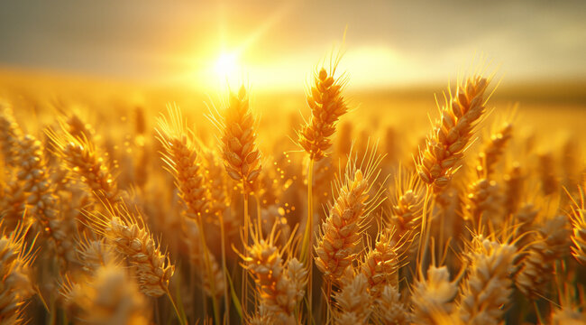 Wheat field at the sunset. Wheat grass in summer sun at close up