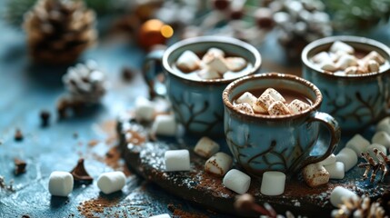miniature hot cocoa mugs, featuring tiny marshmallows and rich chocolate, arranged on a miniature cozy winter scene
