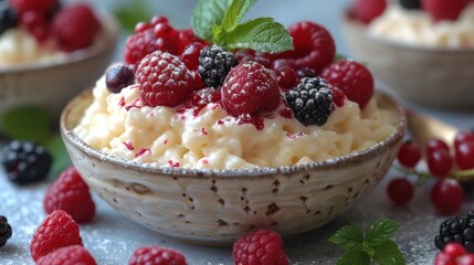 a close up of a bowl of food with raspberries and other berries on the side of the bowl.