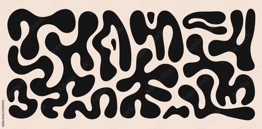 Poster abstract set liquid organic shapes. black wavy bubbles and drops in trendy y2k style. vector illustr