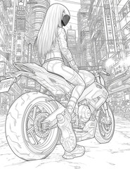 Plakat Biker on a motorcycle. Traveling through future cities. A girl on a motorcycle wearing a helmet. Illustration for coloring book