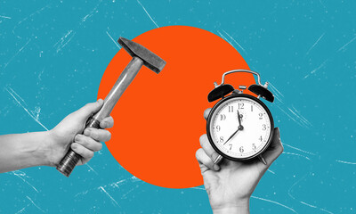 Art collage, hand holding alarm clock, Other hand with hammer swinging at alarm clock.