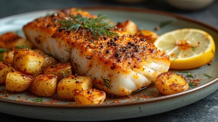a close up of a plate of food with fish, potatoes, and lemon wedges on the side of the plate.