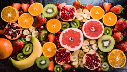 Sliced mixed fruits, banana, strawberry, orange, pomegranate, carrot, apple, grapefruit, kiwi