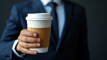 Close up of businessman s hand holding an empty coffee to go paper cup with a blank label