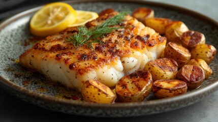 a close up of a plate of food with fish, potatoes, and lemon wedges on top of it.