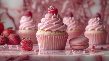 a table topped with pink cupcakes covered in frosting and topped with raspberries next to a pile of strawberries.
