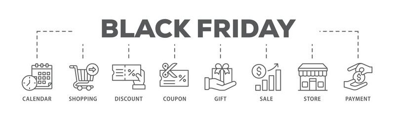 Black friday banner web icon illustration concept with icon of calendar, shopping, discount, coupon, gift, sale, store, payment
