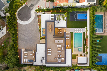 Aerial view of a residential property with a pool