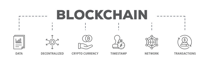 Blockchain banner web icon illustration concept with icon of data, decentralized, crypto currency, timestamp, network and transactions