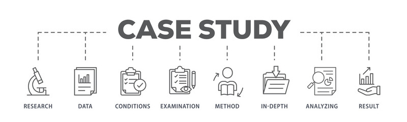 Case study banner web icon illustration concept with icon of research, data, conditions, examination, method, in-depth, analyzing, and result