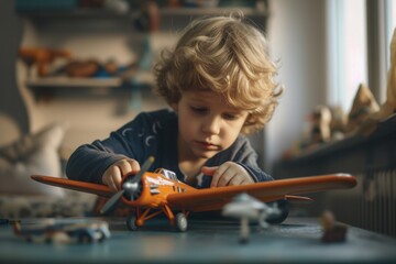 A happy boy is playing with a model airplane in his room.