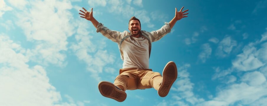 Low angle view of a smiling man levitating mid-air against the sky.