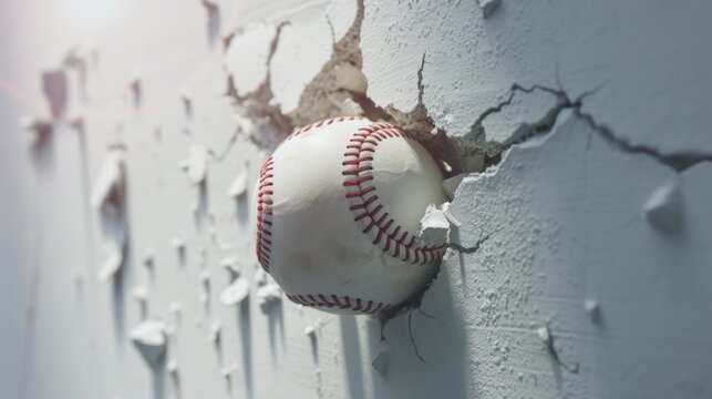 A baseball crashes through a white wall. concept of strength