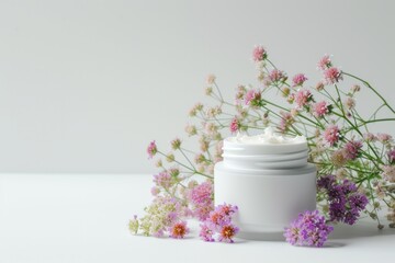 Obraz na płótnie Canvas Illustration of a mockup white cream bottle with flowers on a white background.