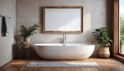 Fototapeta na wymiar bathroom interior design with poster mockup vertical empty wooden frame on wall