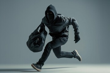 A thief in a black mask runs away on a gray background. - obrazy, fototapety, plakaty