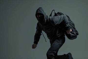 A thief in a black mask runs away on a gray background.