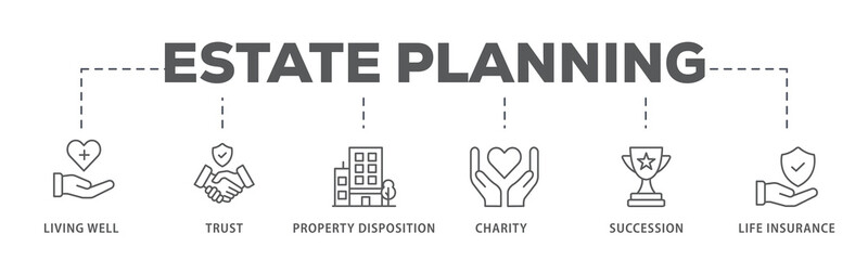 Estate planning banner web icon illustration concept with icon of living well, trust, property disposition, charity, succession, life insurance