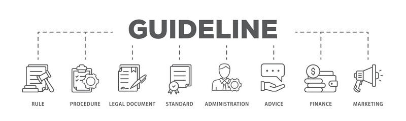 Guideline banner web icon illustration concept with icon of rule, procedure, legal document, standard, administration, advice, finance, marketing