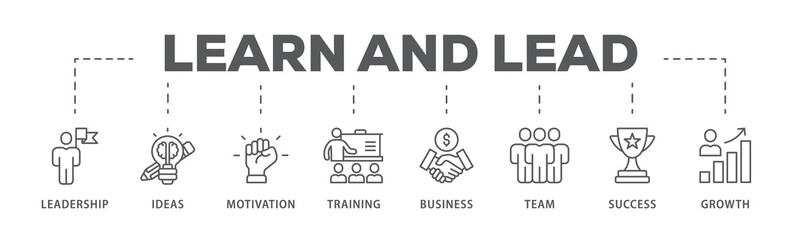 Learn and lead banner web icon illustration concept with icon of leadership, ideas, motivation, training, business, team, success, and growth