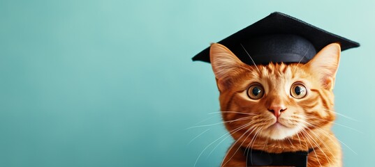 Adorable fluffy cat in graduation cap on pastel background with copy space for text