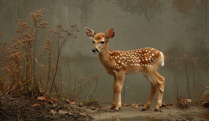 A curious fawn explores the wonders of nature, standing tall on the grassy terrain, its delicate frame resembling a miniature giraffe by the serene body of water